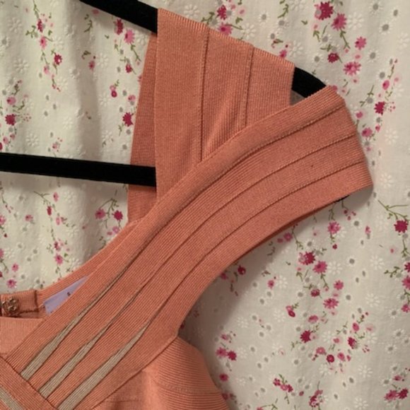 Herve Leger Rose Pink Blush Bandage Dress w/ Beige Criss-Cross Detail, Size S - Picture 6 of 8